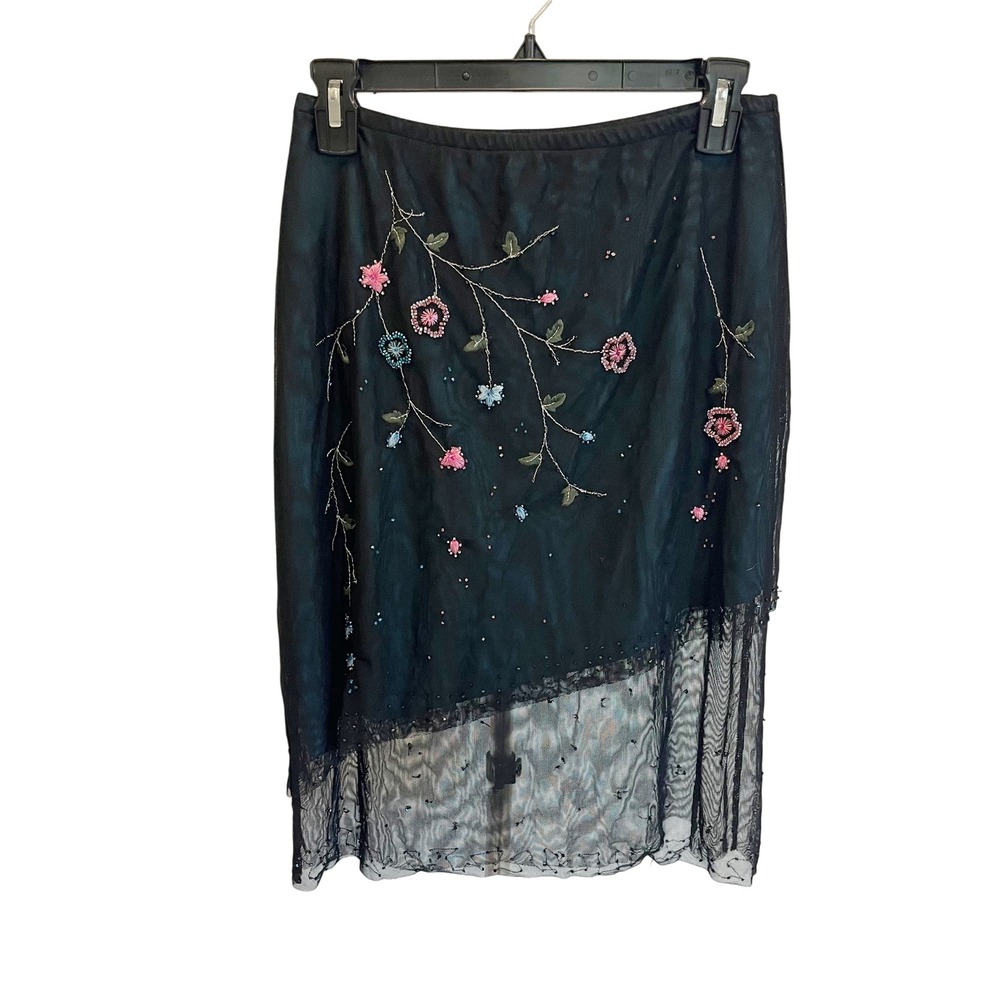 Vintage Y2K Collection Mesh Midi Skirt Floral Beaded Asymmetrical Black US 6